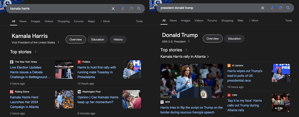 Google search on Kamala and Trump